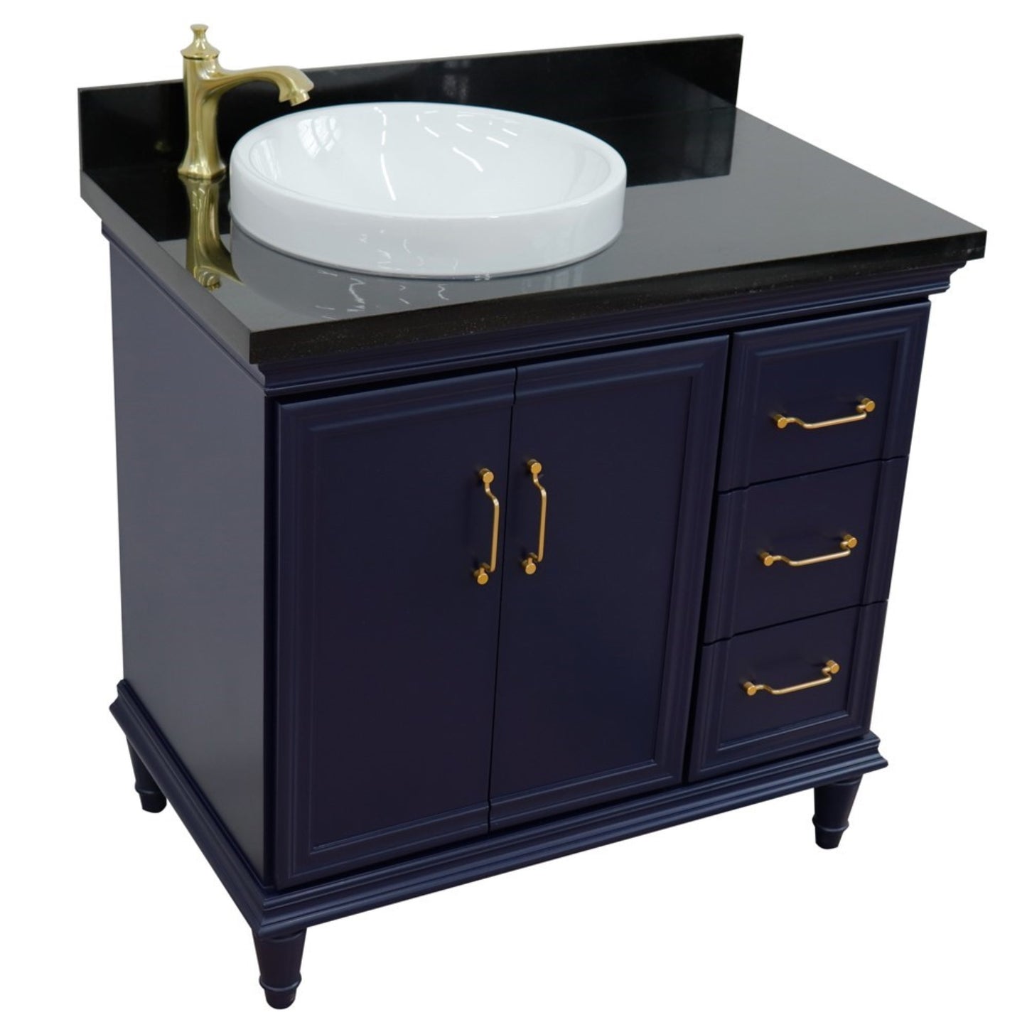37" Single vanity in Blue finish with Black galaxy and round sink Left door/Left sink