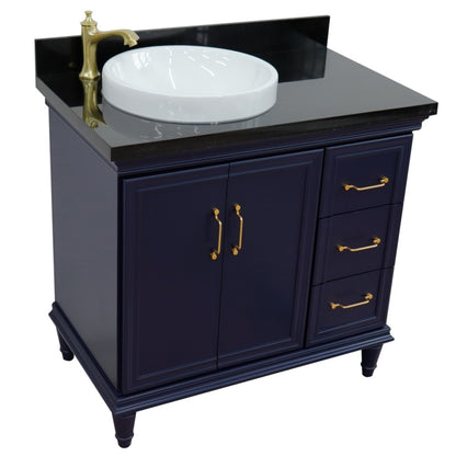 37" Single vanity in Blue finish with Black galaxy and round sink Left door/Left sink