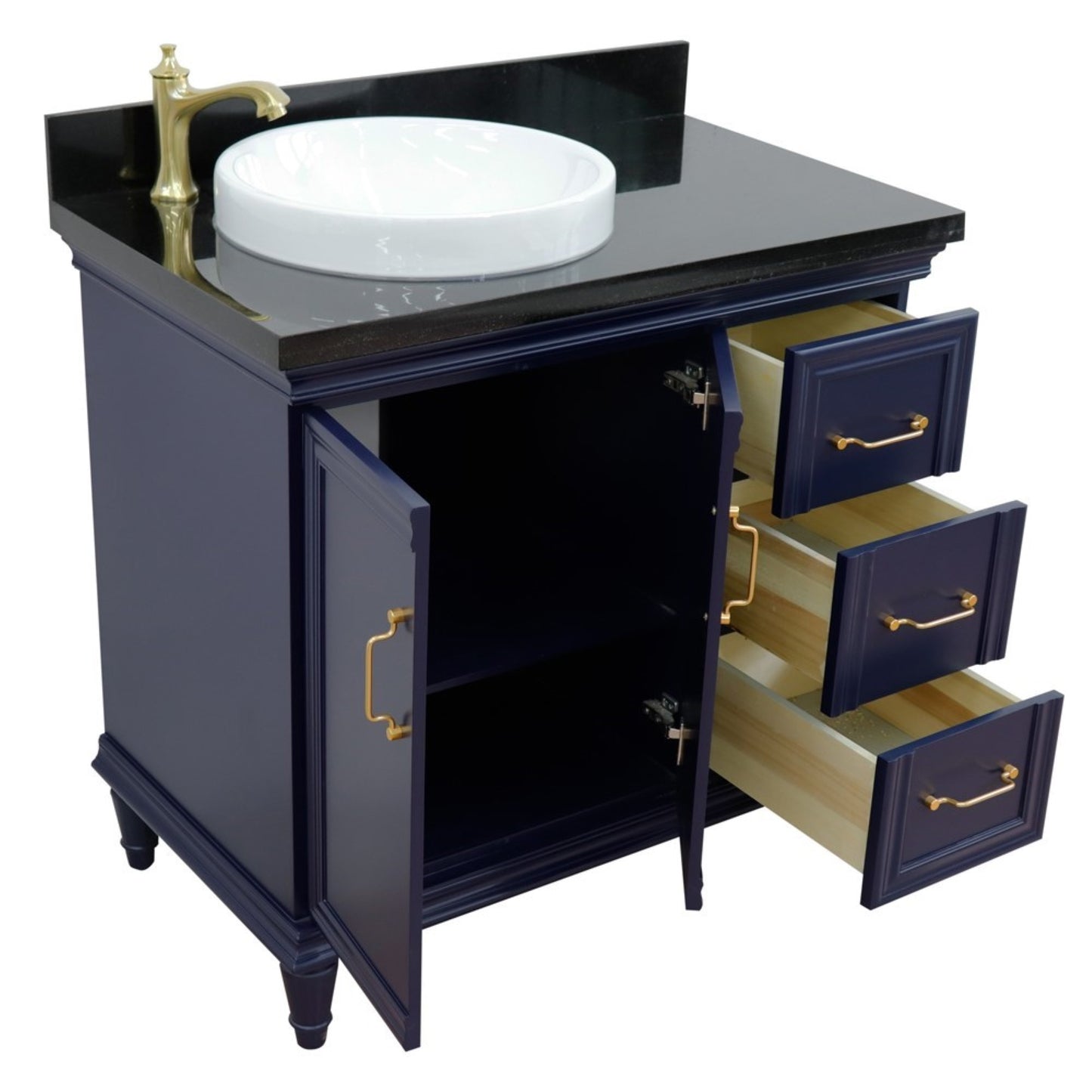 37" Single vanity in Blue finish with Black galaxy and round sink Left door/Left sink
