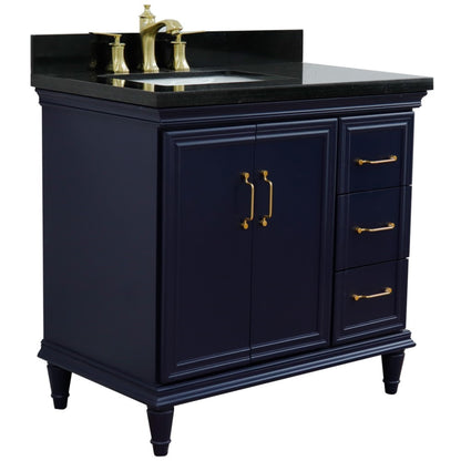 37" Single vanity in Blue finish with Black galaxy and rectangle sink Left door/Left sink