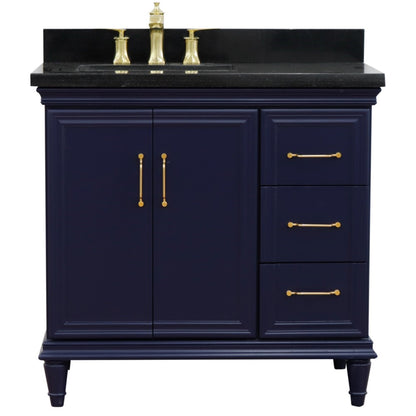 37" Single vanity in Blue finish with Black galaxy and rectangle sink Left door/Left sink
