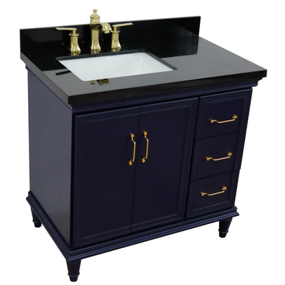 37" Single vanity in Blue finish with Black galaxy and rectangle sink Left door/Left sink