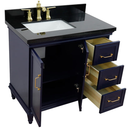37" Single vanity in Blue finish with Black galaxy and rectangle sink Left door/Left sink