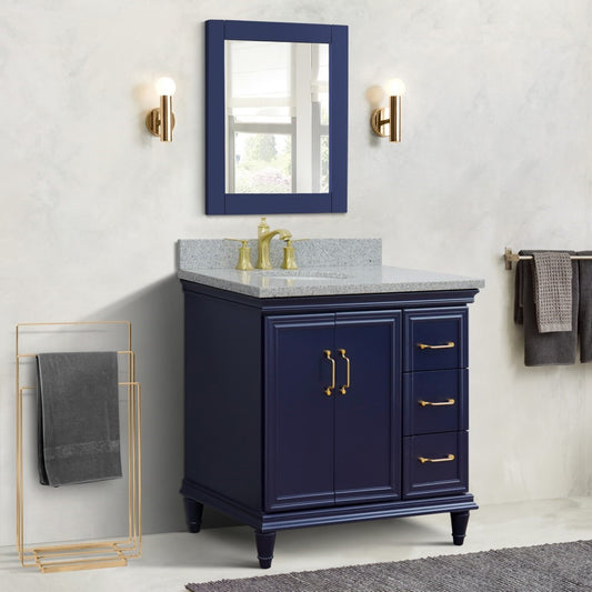 37" Single vanity in Blue finish with Gray granite and oval sink Left door/Left sink