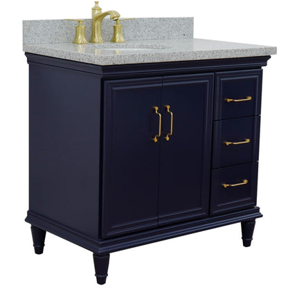 37" Single vanity in Blue finish with Gray granite and oval sink Left door/Left sink