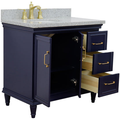 37" Single vanity in Blue finish with Gray granite and oval sink Left door/Left sink
