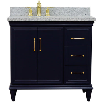 37" Single vanity in Blue finish with Gray granite and oval sink Left door/Left sink