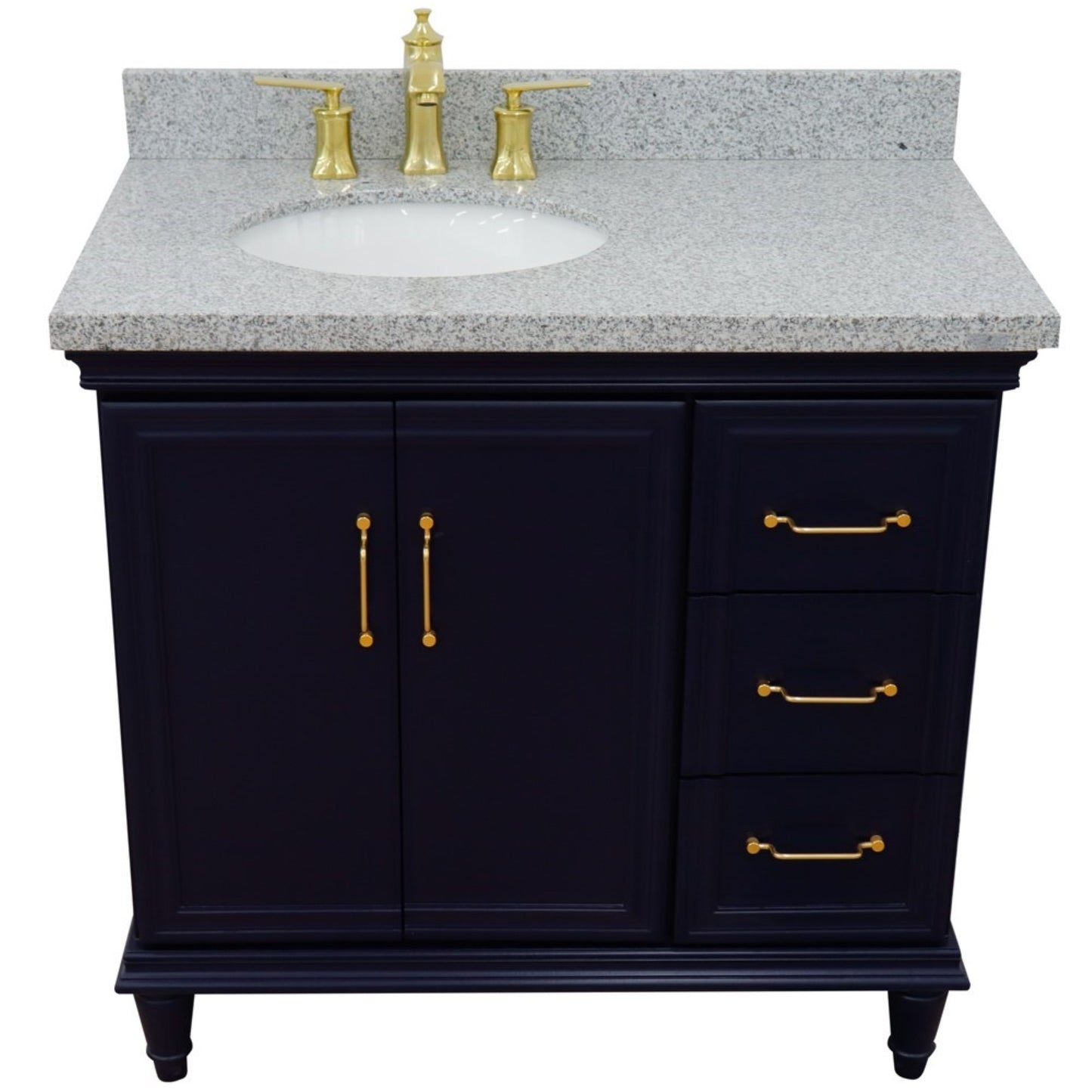 37" Single vanity in Blue finish with Gray granite and oval sink Left door/Left sink