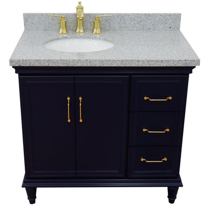 37" Single vanity in Blue finish with Gray granite and oval sink Left door/Left sink