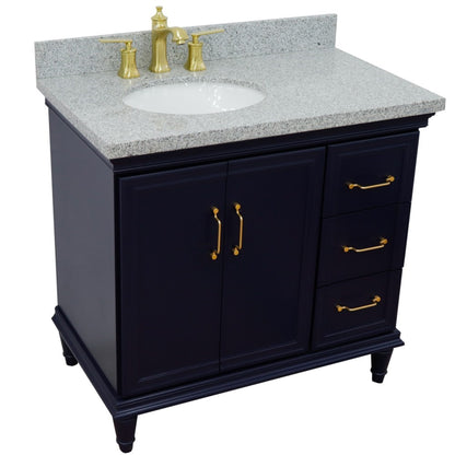 37" Single vanity in Blue finish with Gray granite and oval sink Left door/Left sink