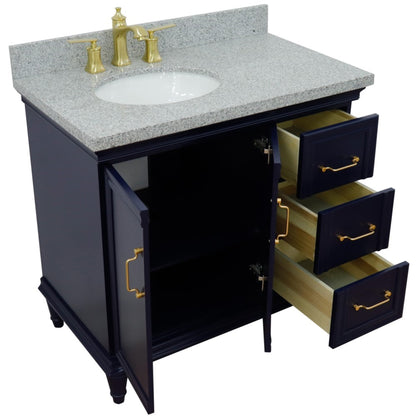 37" Single vanity in Blue finish with Gray granite and oval sink Left door/Left sink