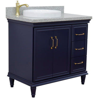 37" Single vanity in Blue finish with Gray granite and round sink Left door/Left sink