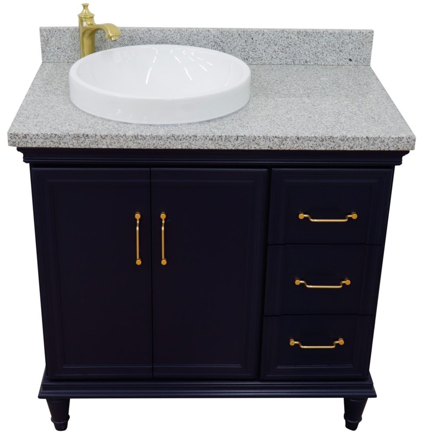 37" Single vanity in Blue finish with Gray granite and round sink Left door/Left sink