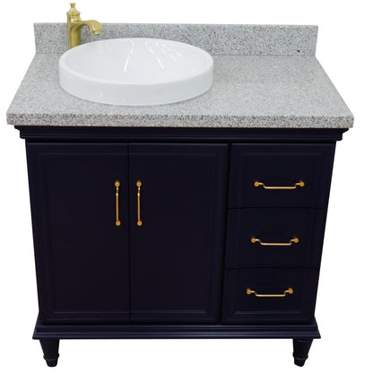 37" Single vanity in Blue finish with Gray granite and round sink Left door/Left sink