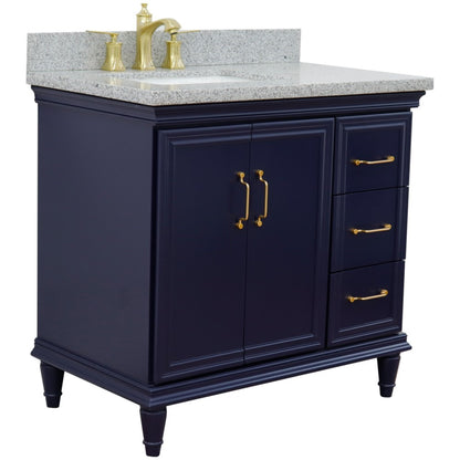 37" Single vanity in Blue finish with Gray granite and rectangle sink Left door/Left sink