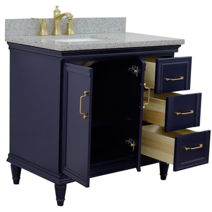 37" Single vanity in Blue finish with Gray granite and rectangle sink Left door/Left sink