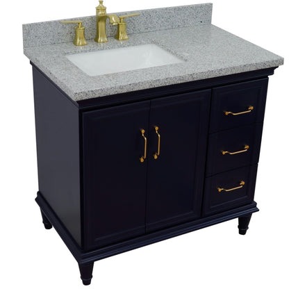 37" Single vanity in Blue finish with Gray granite and rectangle sink Left door/Left sink