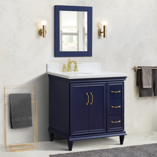 37" Single vanity in Blue finish with White engineered stone and oval sink Left door/Left sink