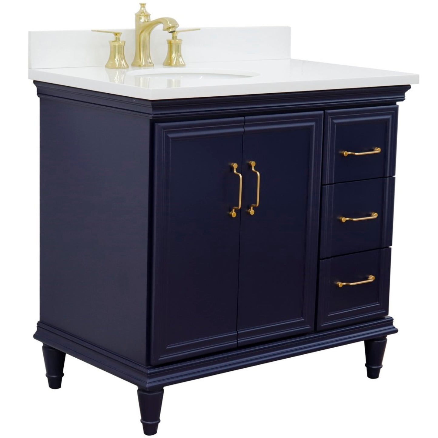 37" Single vanity in Blue finish with White engineered stone and oval sink Left door/Left sink