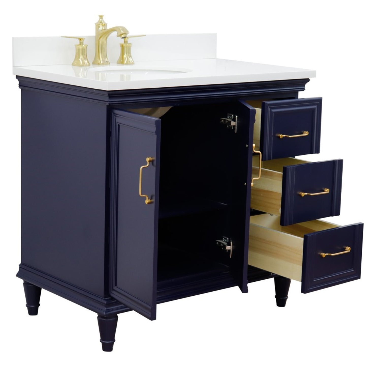 37" Single vanity in Blue finish with White engineered stone and oval sink Left door/Left sink