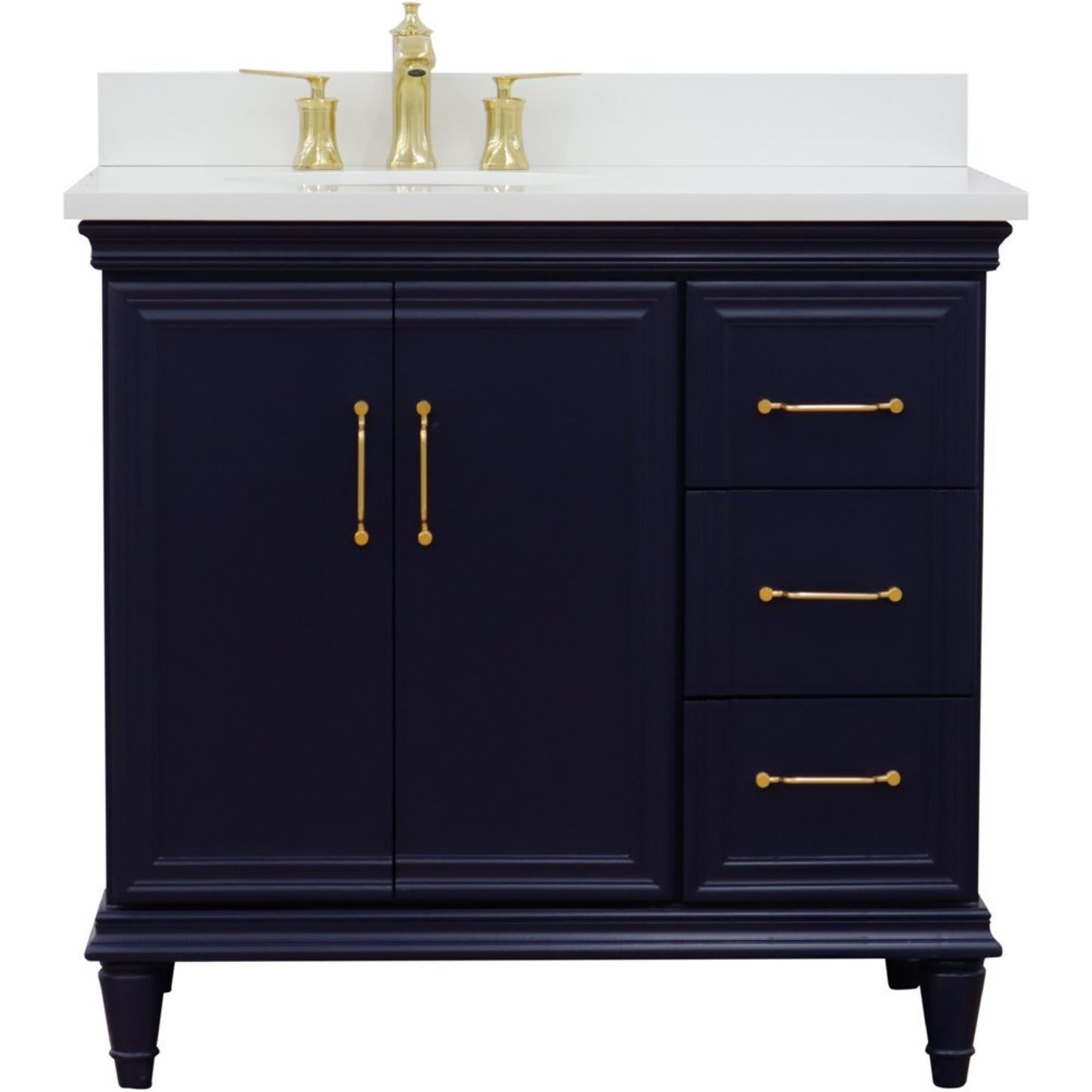 37" Single vanity in Blue finish with White engineered stone and oval sink Left door/Left sink