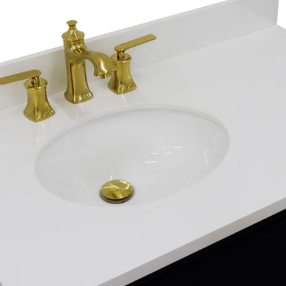37" Single vanity in Blue finish with White engineered stone and oval sink Left door/Left sink