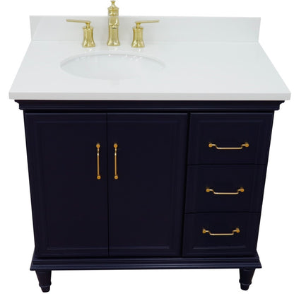 37" Single vanity in Blue finish with White engineered stone and oval sink Left door/Left sink