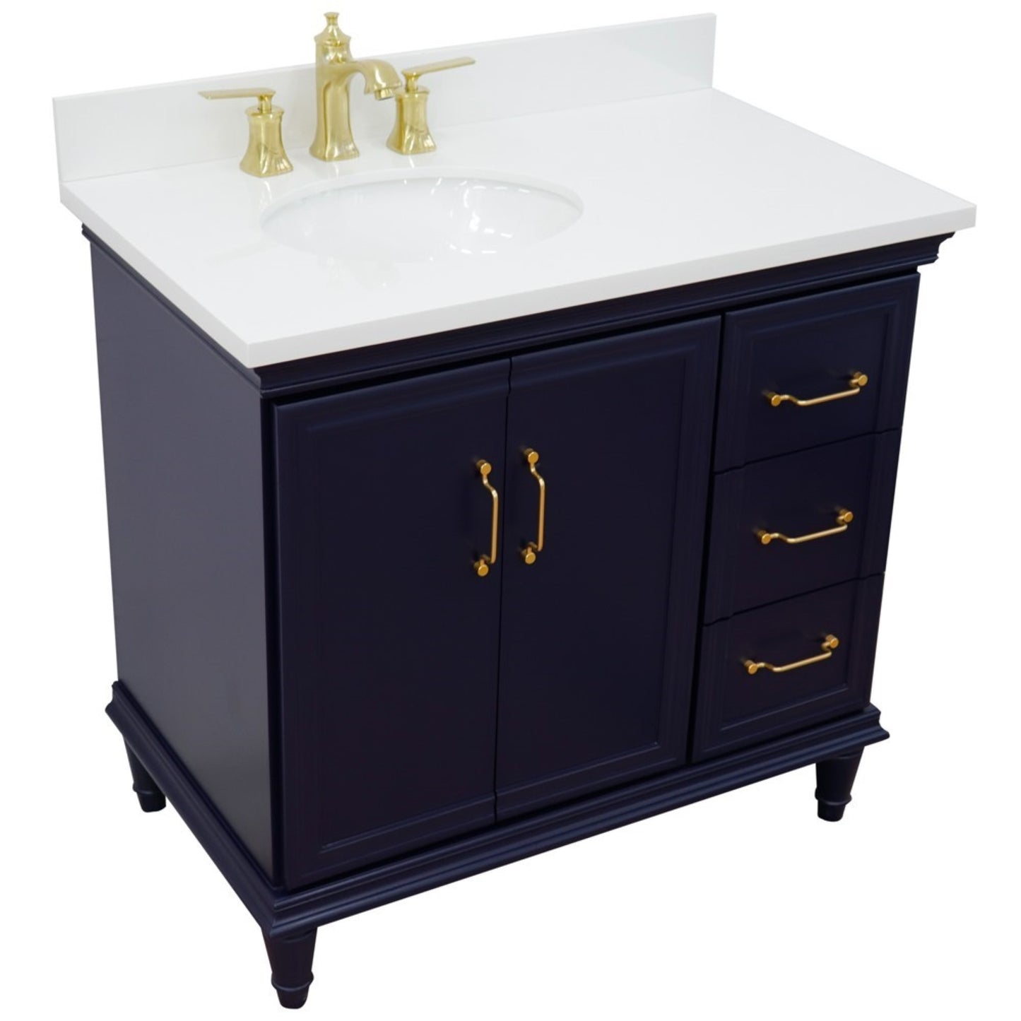 37" Single vanity in Blue finish with White engineered stone and oval sink Left door/Left sink