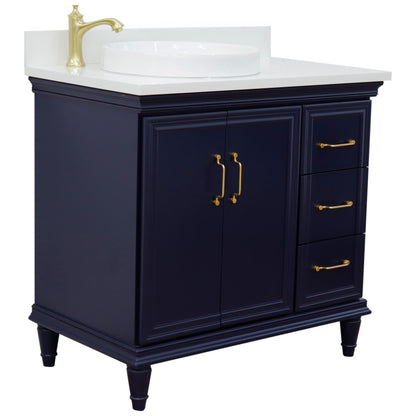 37" Single vanity in Blue finish with White engineered stone and round sink Left door/Left sink