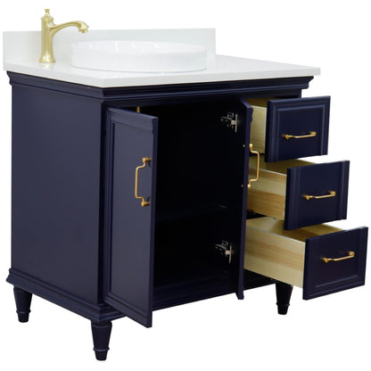 37" Single vanity in Blue finish with White engineered stone and round sink Left door/Left sink