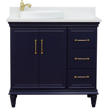 37" Single vanity in Blue finish with White engineered stone and round sink Left door/Left sink
