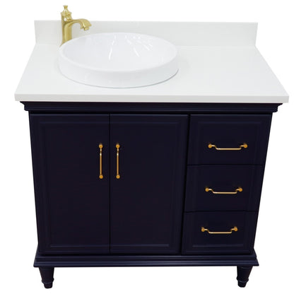 37" Single vanity in Blue finish with White engineered stone and round sink Left door/Left sink