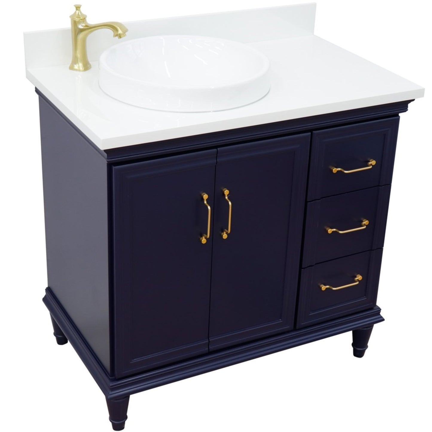 37" Single vanity in Blue finish with White engineered stone and round sink Left door/Left sink