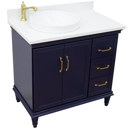 37" Single vanity in Blue finish with White engineered stone and round sink Left door/Left sink
