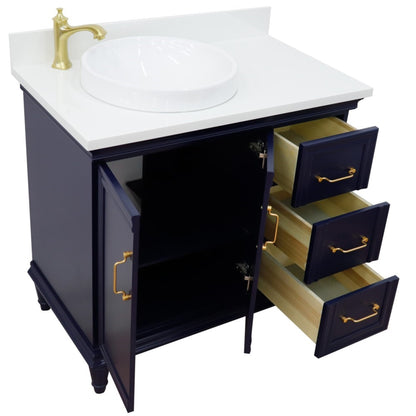 37" Single vanity in Blue finish with White engineered stone and round sink Left door/Left sink