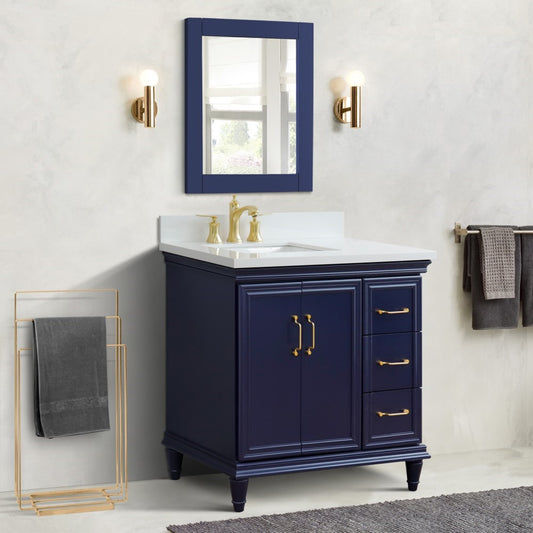 37" Single vanity in Blue finish with White engineered stone and rectangle sink Left door/Left sink