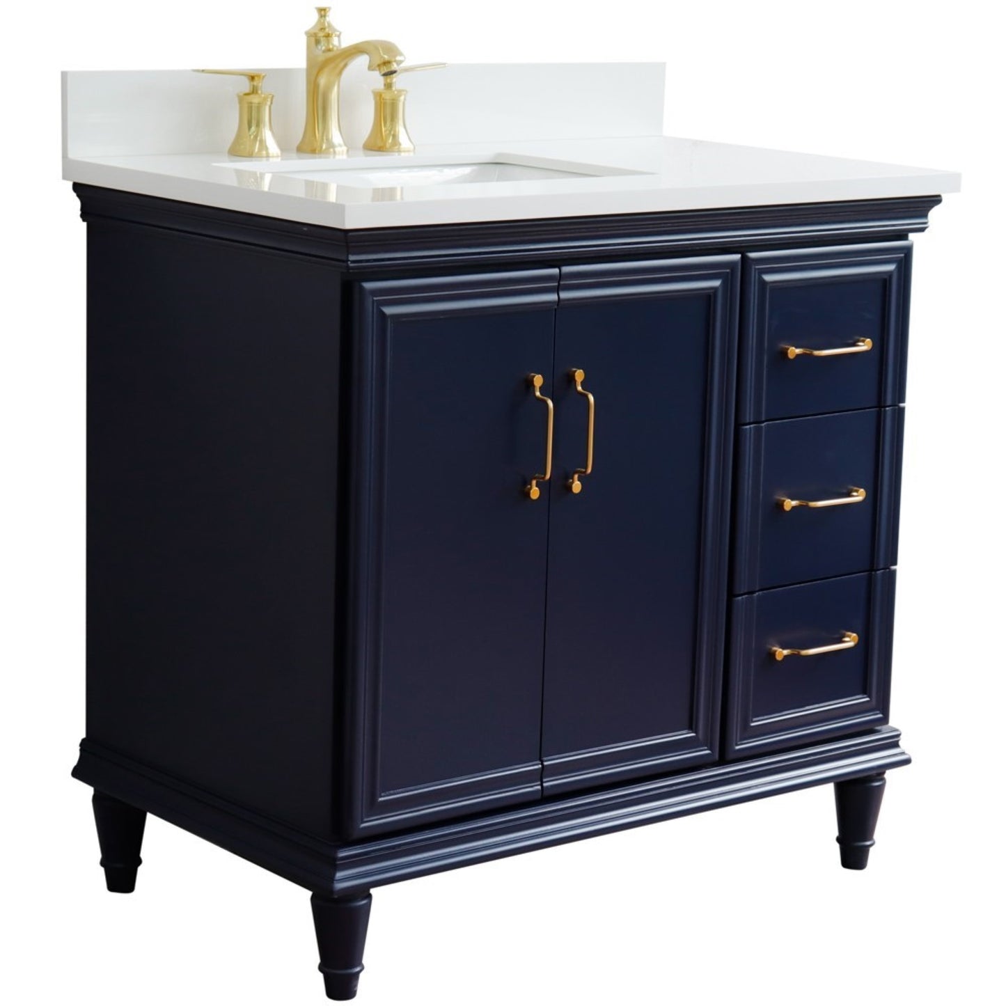 37" Single vanity in Blue finish with White engineered stone and rectangle sink Left door/Left sink