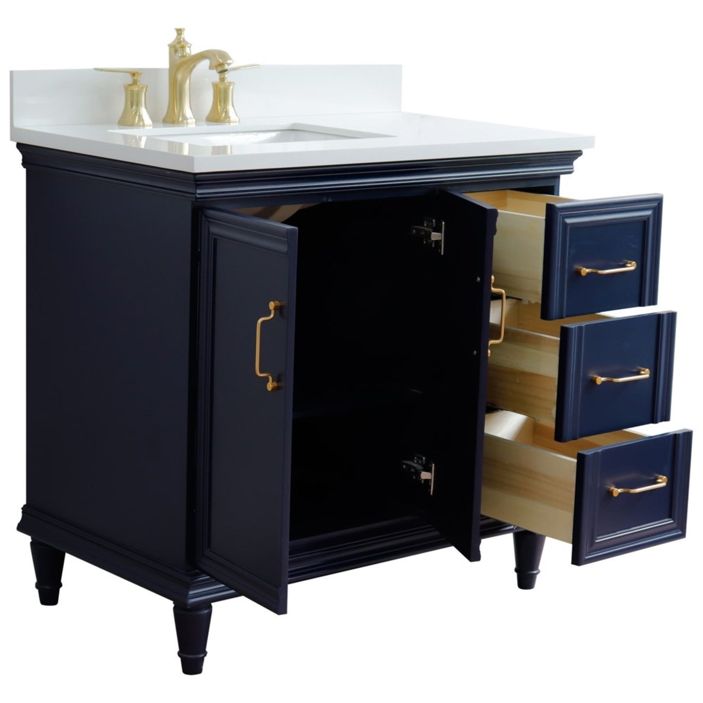 37" Single vanity in Blue finish with White engineered stone and rectangle sink Left door/Left sink