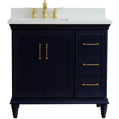 37" Single vanity in Blue finish with White engineered stone and rectangle sink Left door/Left sink