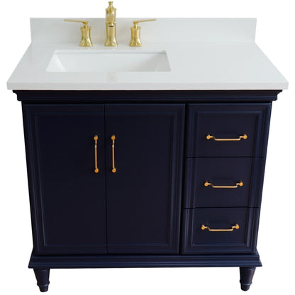 37" Single vanity in Blue finish with White engineered stone and rectangle sink Left door/Left sink