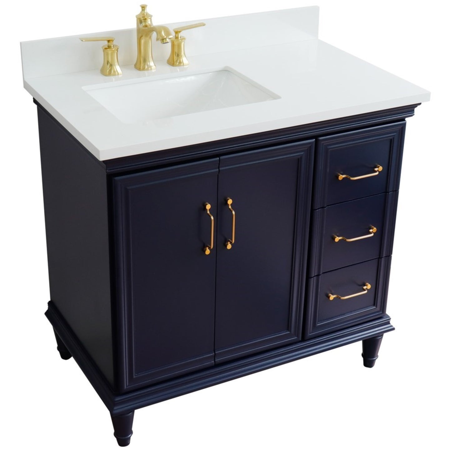 37" Single vanity in Blue finish with White engineered stone and rectangle sink Left door/Left sink
