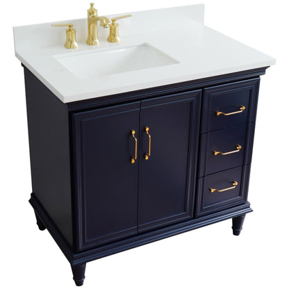 37" Single vanity in Blue finish with White engineered stone and rectangle sink Left door/Left sink