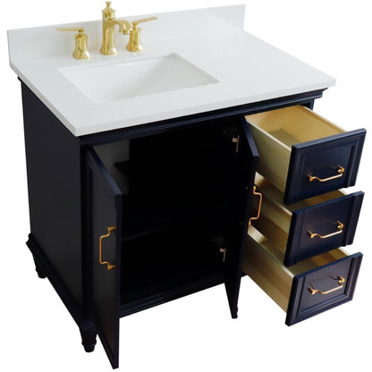 37" Single vanity in Blue finish with White engineered stone and rectangle sink Left door/Left sink