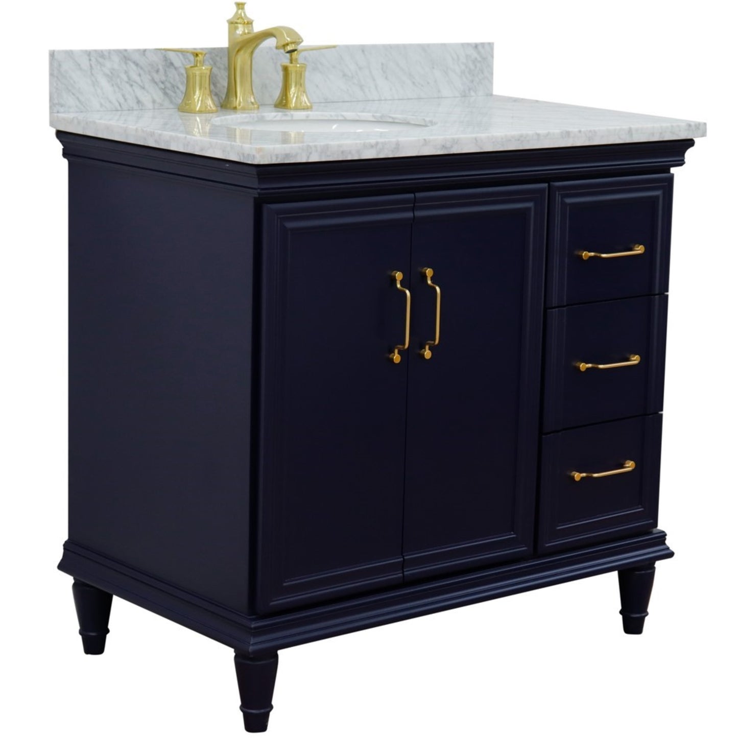 37" Single vanity in Blue finish with White Carrara and oval sink Left door/Left sink