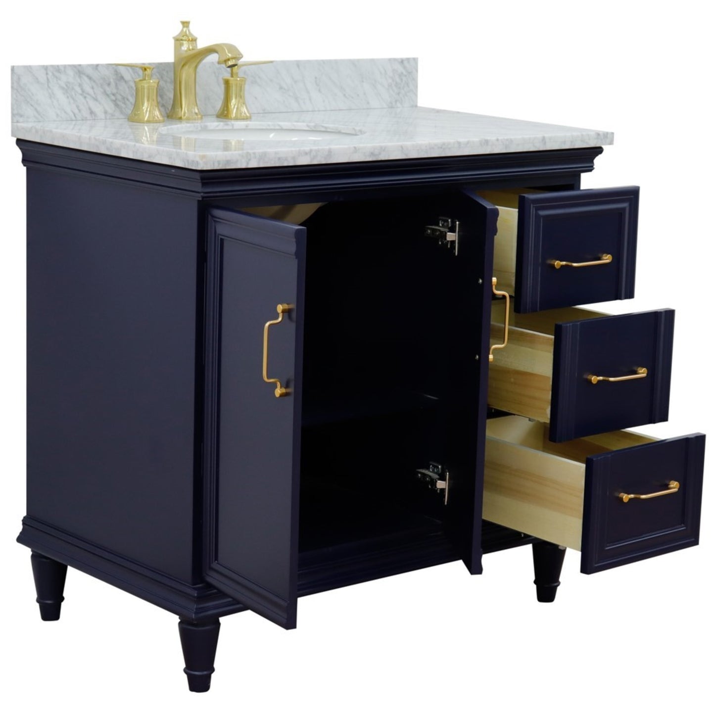 37" Single vanity in Blue finish with White Carrara and oval sink Left door/Left sink