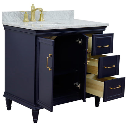 37" Single vanity in Blue finish with White Carrara and oval sink Left door/Left sink