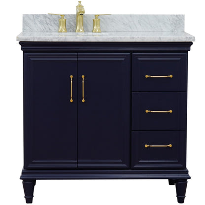 37" Single vanity in Blue finish with White Carrara and oval sink Left door/Left sink