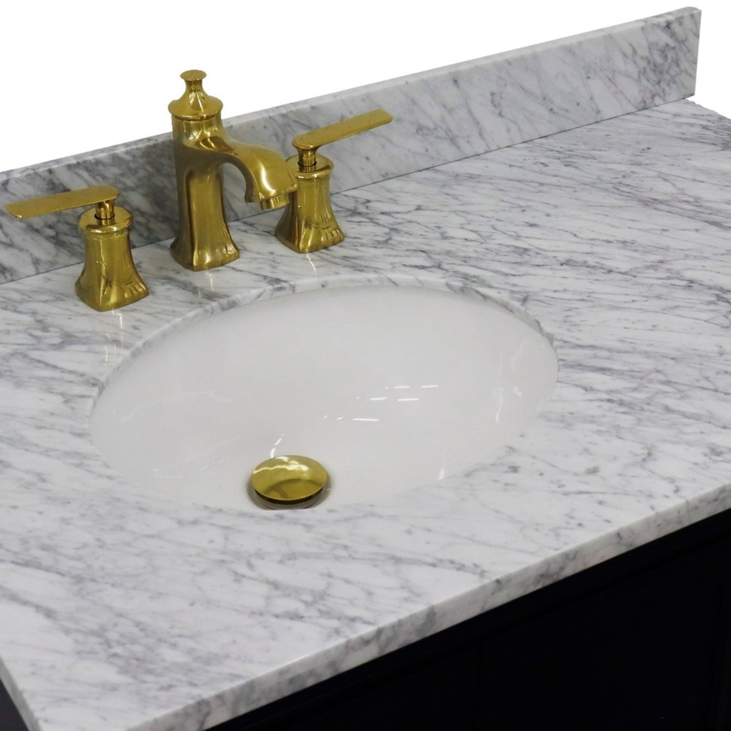 37" Single vanity in Blue finish with White Carrara and oval sink Left door/Left sink