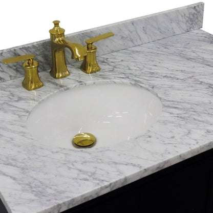 37" Single vanity in Blue finish with White Carrara and oval sink Left door/Left sink