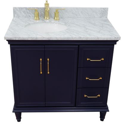 37" Single vanity in Blue finish with White Carrara and oval sink Left door/Left sink